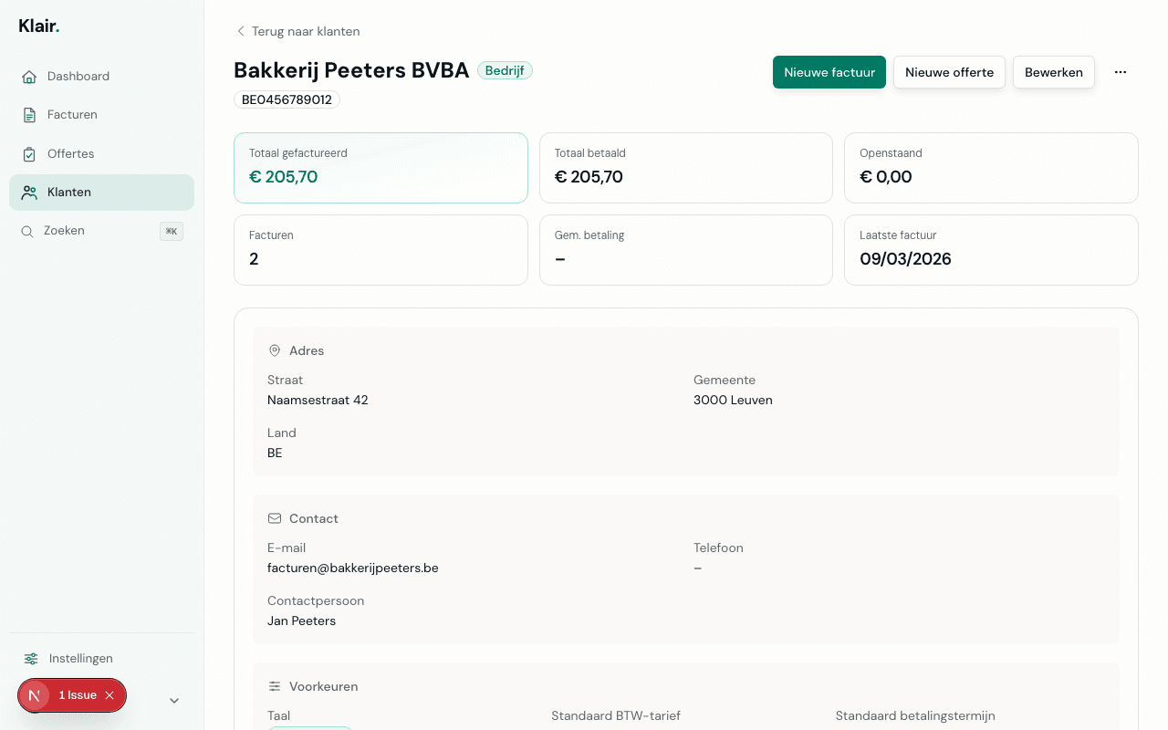 Klantdetailpagina in Klair