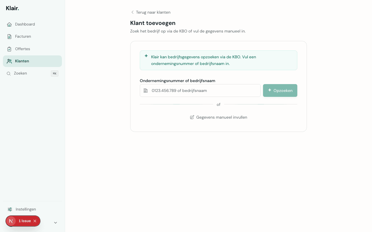 Nieuw klantformulier in Klair
