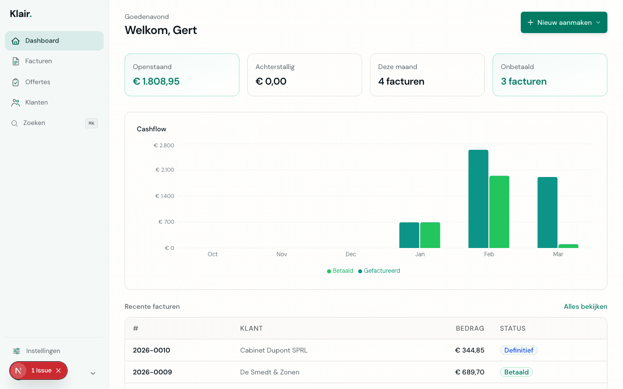 Klair dashboard met KPI-tegels en overzicht