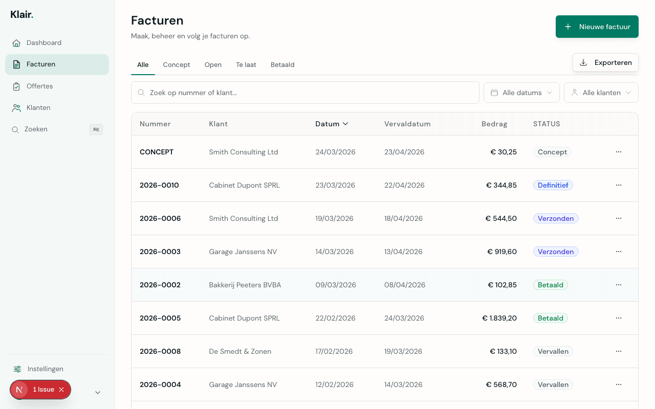 Facturenlijst voor export