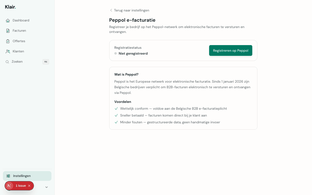 Peppol-instellingen in Klair