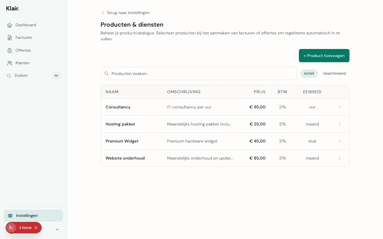 Productcatalogus in Klair